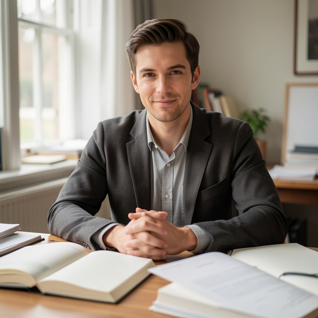 Editorial portrait of a writer at a wooden desk in a light-filled London studio, surrounded by open notebooks and research papers