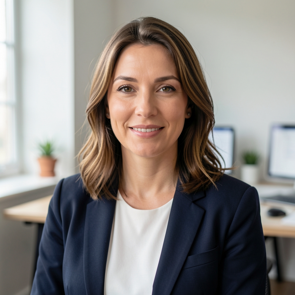 Professional portrait of a female writer photographed in a clean workspace with natural window light, representing editorial focus and attention to detail