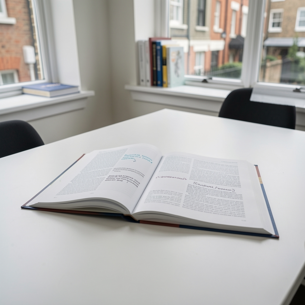 Open research journal with annotated pages resting on a clean white desk in a quiet London office, representing careful editorial review and fact-checking