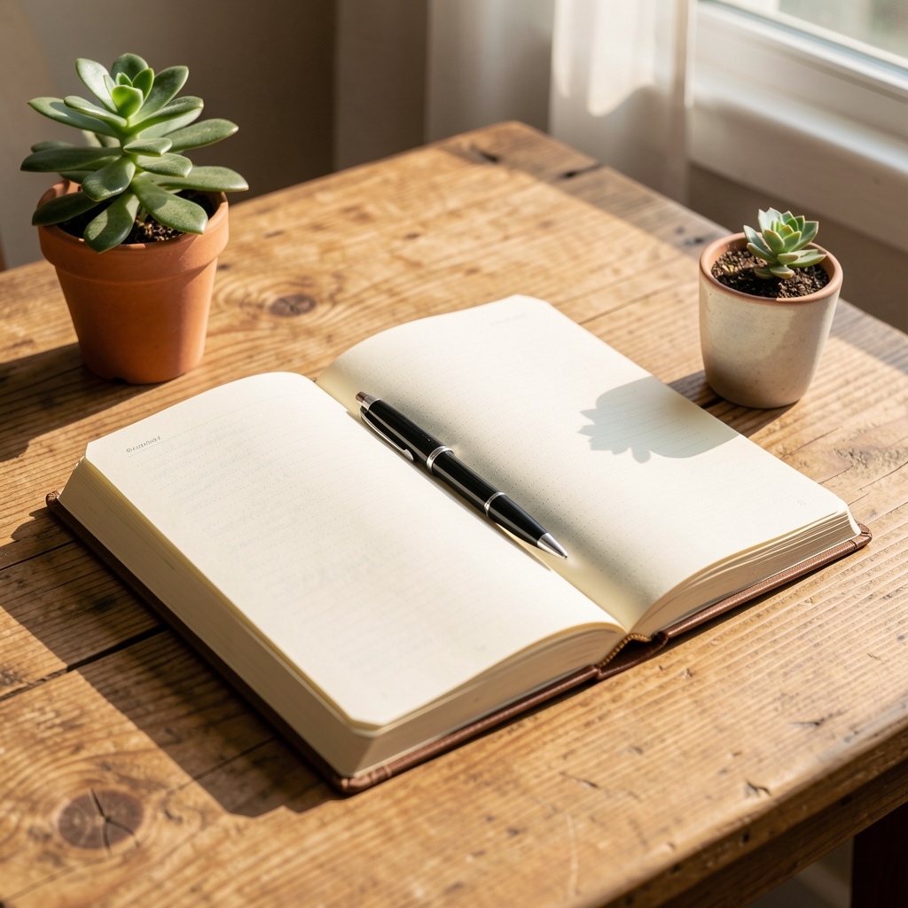 Open journal and pen resting on a sunlit wooden table beside a small potted plant, representing daily self-reflection and food awareness