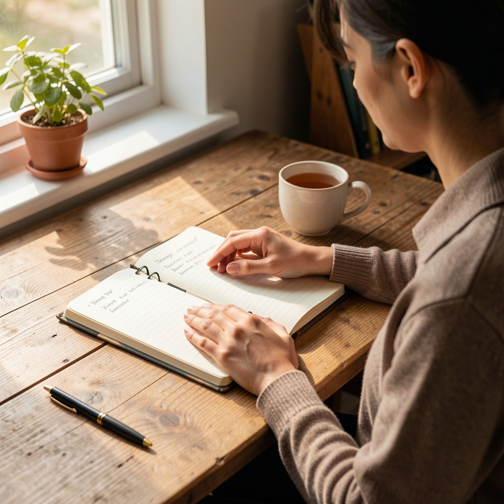 Person sitting at a wooden desk with a journal and cup of tea in morning light, documenting a weekly food rhythm